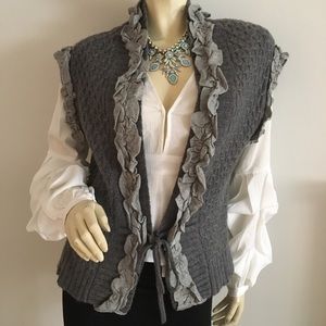 Gray ruffled trim cap sleeve sweater cardigan with tie front